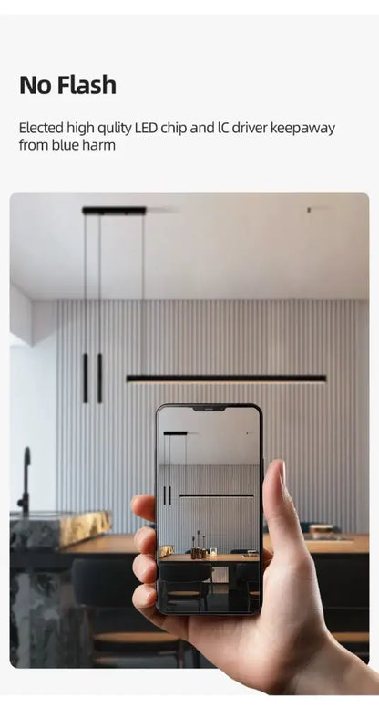Black smartphone displaying a sleek modern nordic led chandelier design for home lighting by decorbites