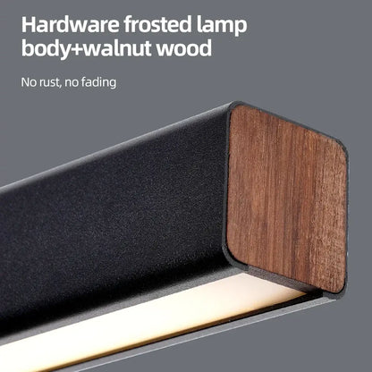 Modern rectangular nordic led chandelier with black frosted hardware body and walnut wood accent for home lighting