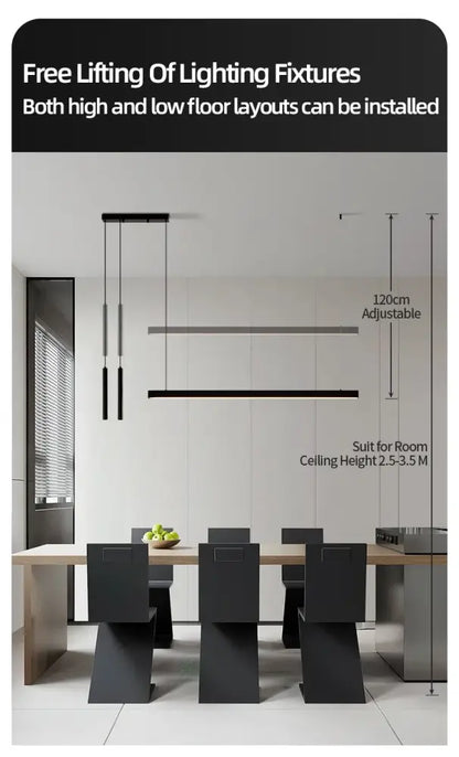 Modern black linear nordic led chandelier with adjustable height for contemporary dining room lighting by decorbites