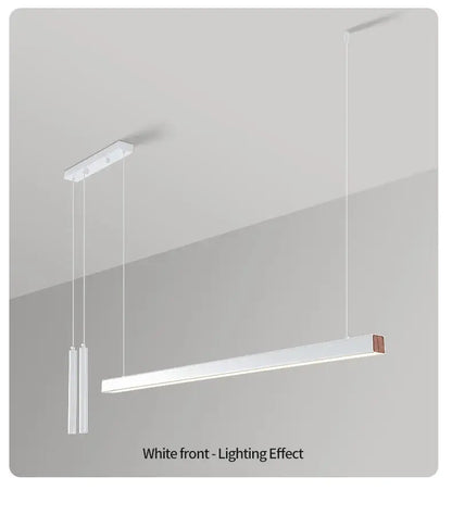 Modern white linear nordic led chandelier with minimalist design and subtle wood accent for home lighting by DecorBites