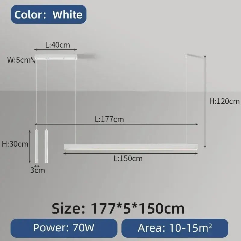 White modern minimalist nordic led chandelier with sleek linear design and two vertical cylindrical accents for home lighting