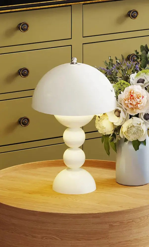 White dome-shaped decorbites™ nordic led table lamp with usb dimmable feature and stacked spherical base for bedroom use