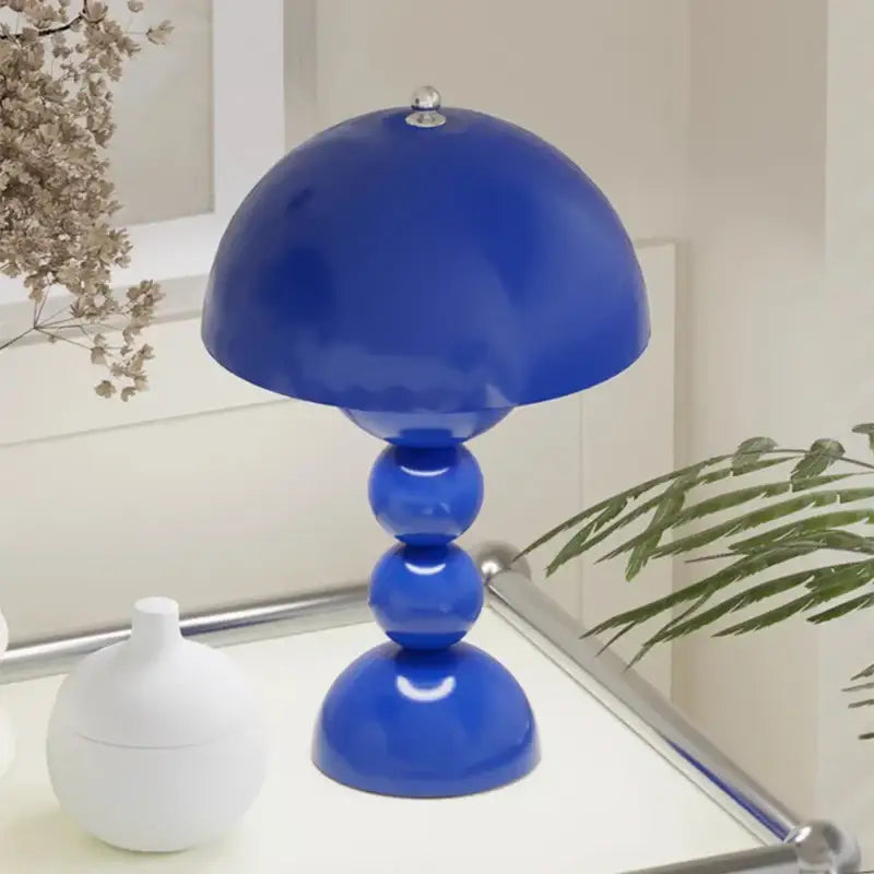 Vibrant cobalt blue nordic led table lamp with glossy mushroom shape and usb dimmable stacked spherical base for bedside use