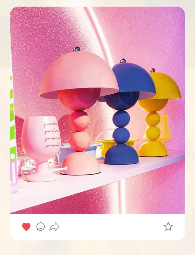 Pastel-colored nordic led usb dimmable table lamps with mushroom shape and stacked spherical bases in pink blue and yellow