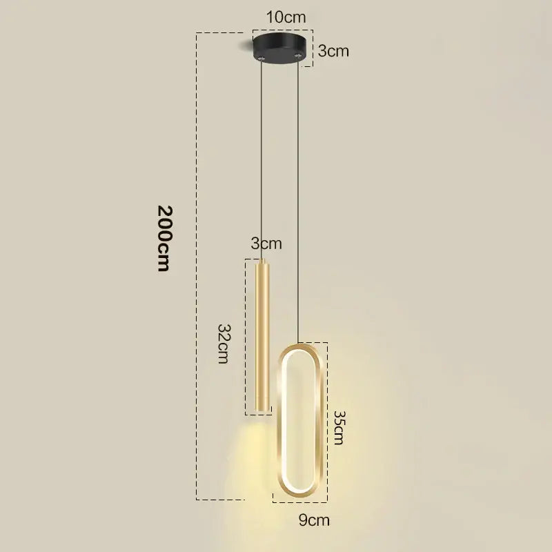 Decorbites™ nordic led pendant light with sleek gold metal frame oval illuminated body suspended from black ceiling mount