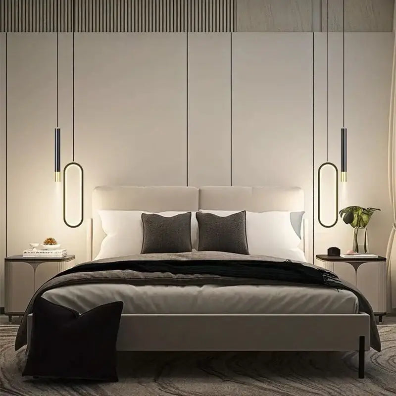 Modern minimalist bed with light gray upholstered headboard and frame paired with DecorBites™ nordic led pendant light
