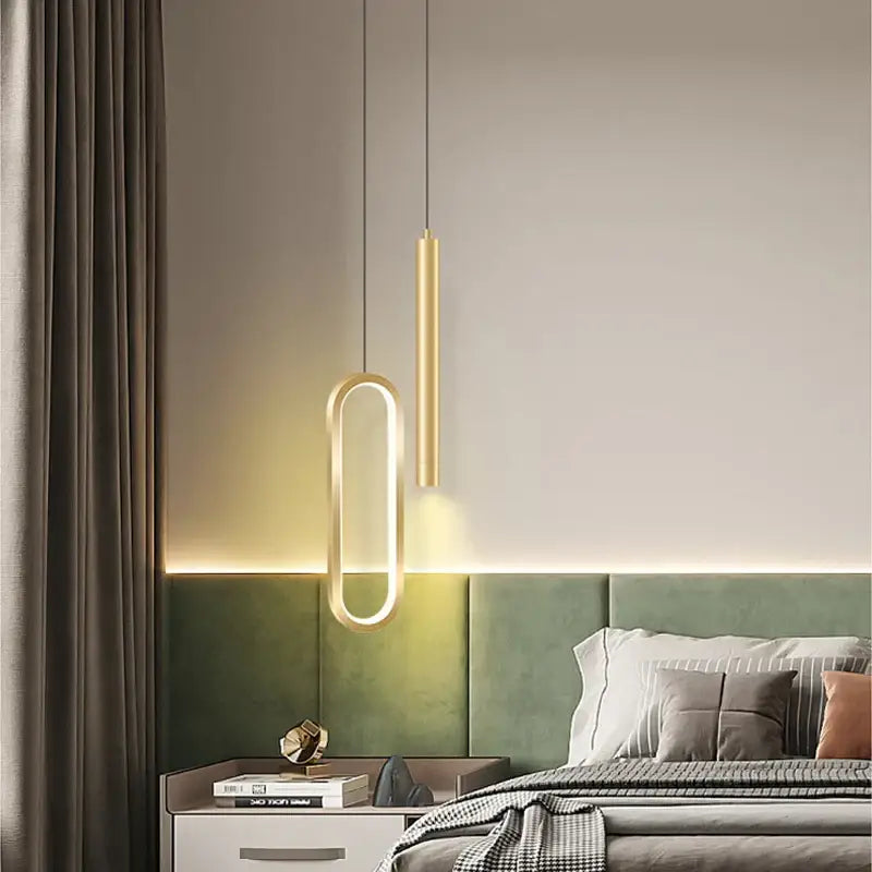 DecorBites™ nordic led pendant light in gold with sleek cylindrical and oval illuminated frame for modern home decor