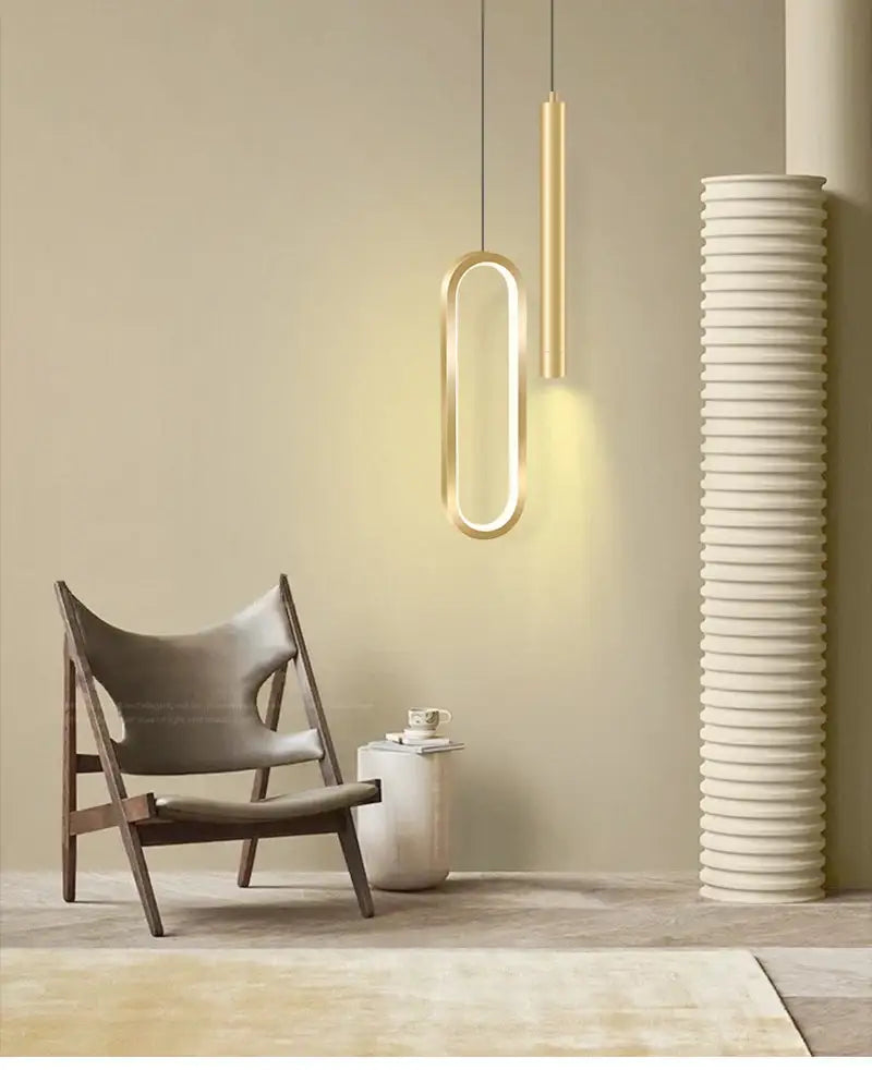 Modern gold-toned DecorBites™ Nordic led pendant light with sleek oval and cylindrical designs for home decoration