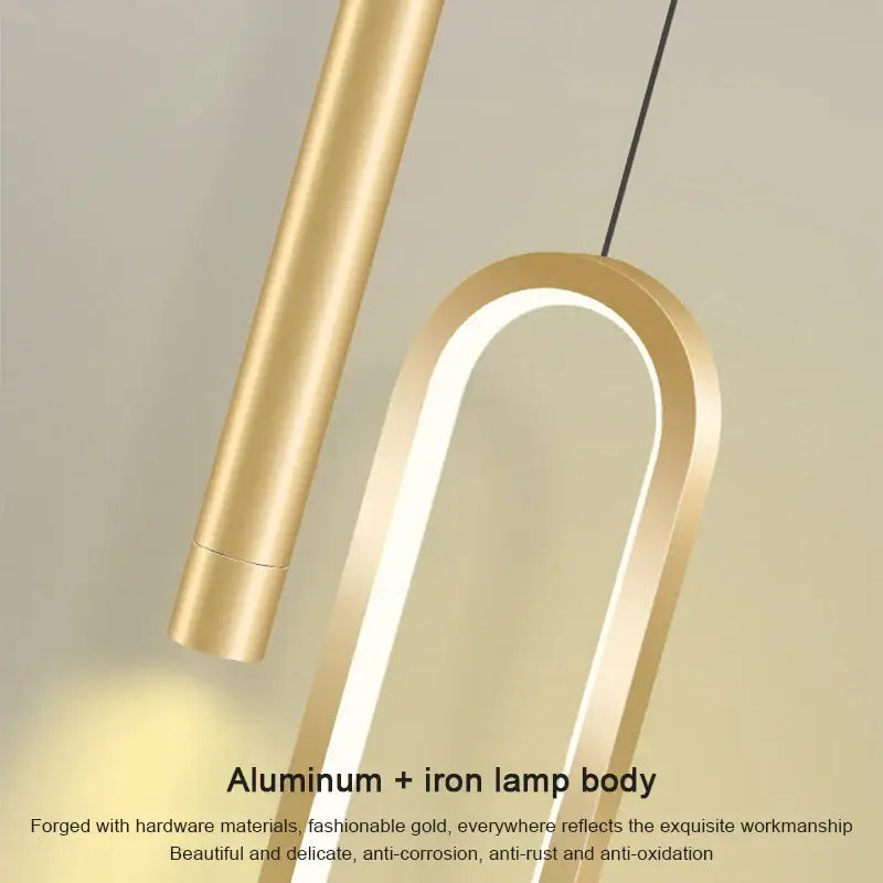 DecorBites™ nordic led pendant light with gold finish and curved aluminum iron frame housing illuminated led strip