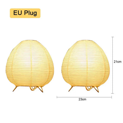 Pair of warm yellow paper lantern nordic led table lamps with gold metal stands for bedside or living room decor