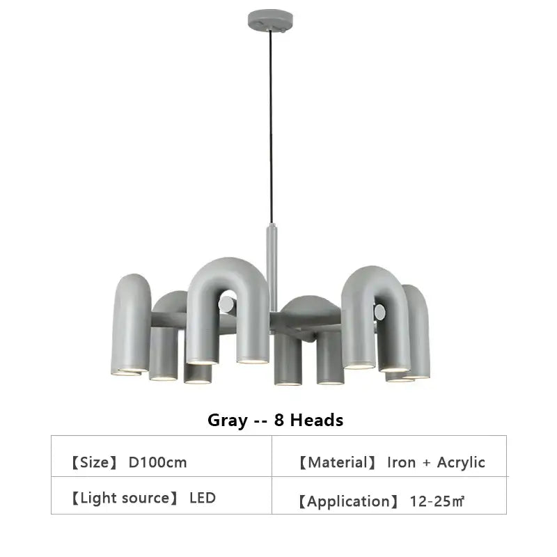 Gray DecorBites Nordic u shape ceiling chandelier with eight curved iron and acrylic light heads for living room use