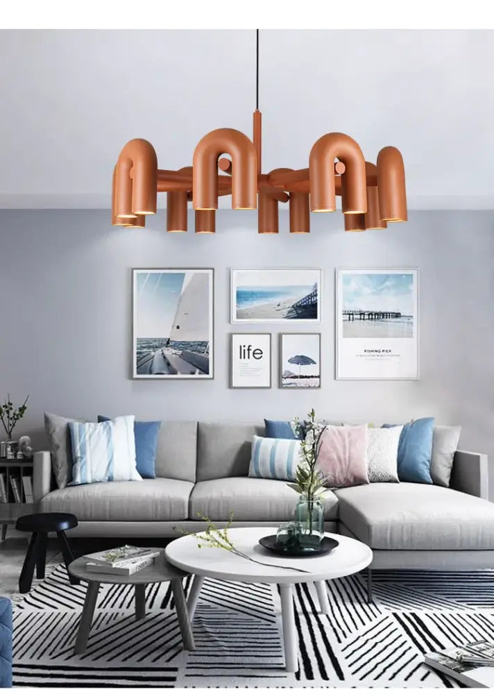 Copper-toned DecorBites™ Nordic u shape ceiling chandelier with curved pipe-like arms for living room and bedroom use