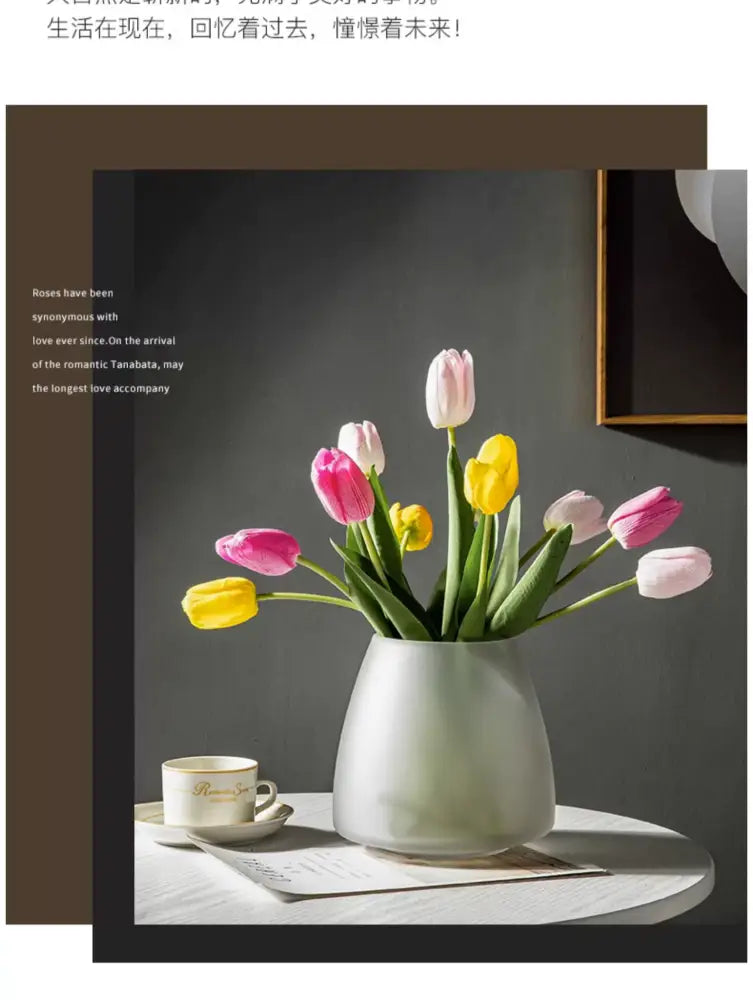 DecorBites™ nordic luxe frosted glass vase in soft gray holds vibrant pink and yellow tulips for table decoration