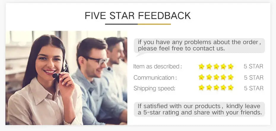 Five-star feedback graphic with smiling representatives for DecorBites™ nordic luxury ceramic vase customer service