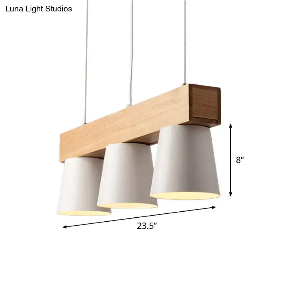 Modern DecorBites™ Nordic 3-head pendant light with wood beam and white matte conical shades for 220v-240v use