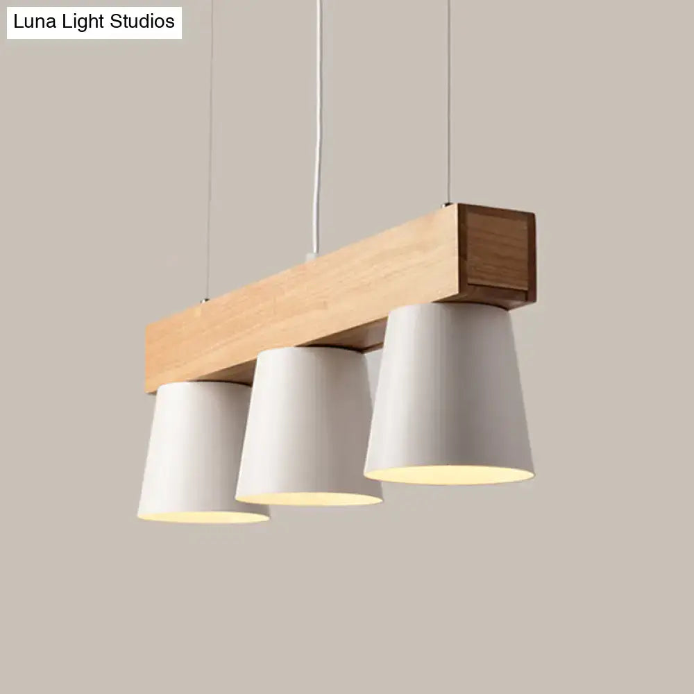 Modern minimalist pendant light with wood beam featuring three white matte conical shades for 220v-240v and 110v-120v use