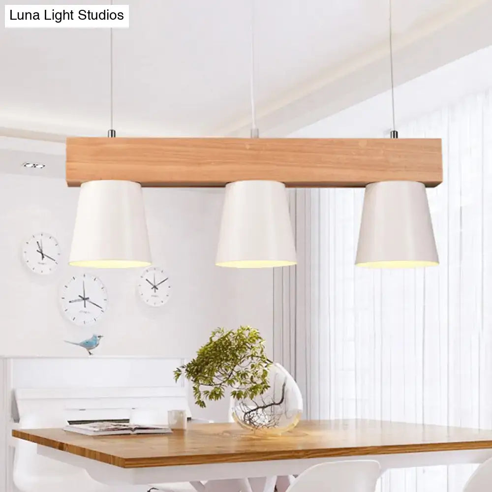 Modern wooden pendant light with three white conical shades and wood beam for 220v-240v and 110v-120v use