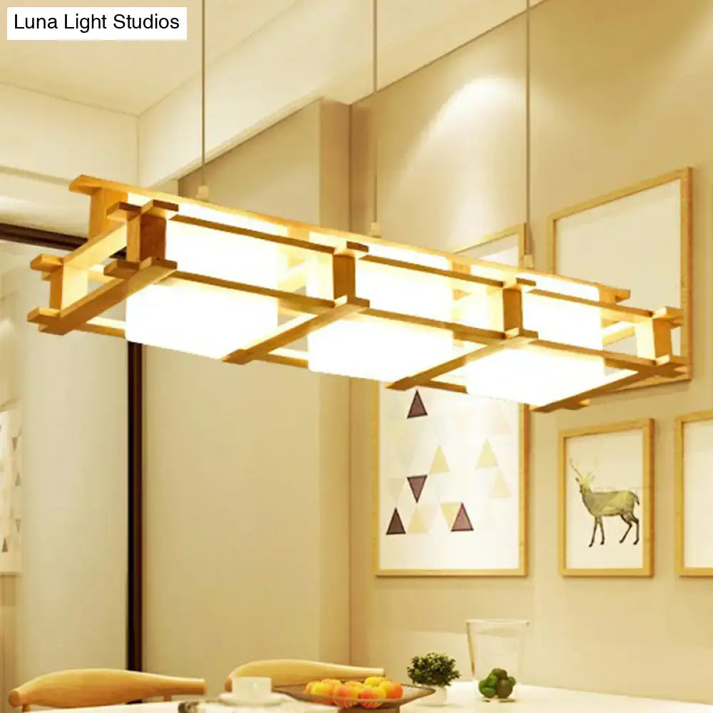 DecorBites™ Nordic milk glass suspension lamp with warm wooden cage and frosted glass shade in beige rectangular design