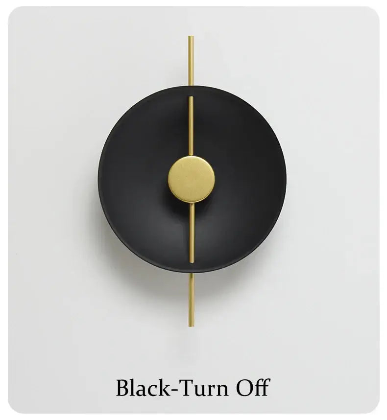DecorBites™ Nordic modern wall sconce in black matte finish with gold-toned rod and disc accent for modern wall decor