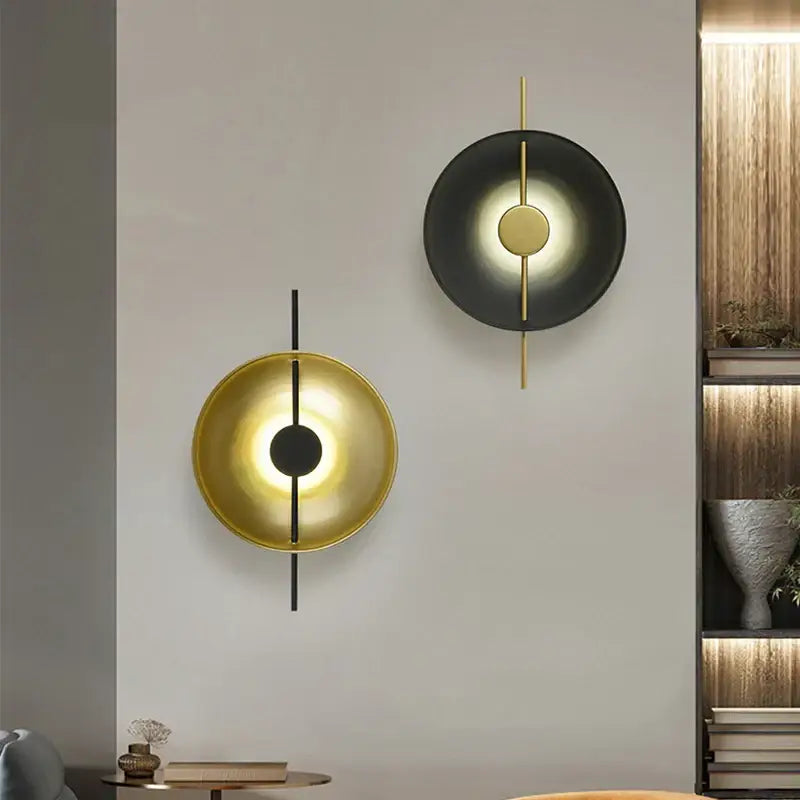 DecorBites™ nordic modern wall sconce with sleek circular design in polished gold and matte black modern wall sconces