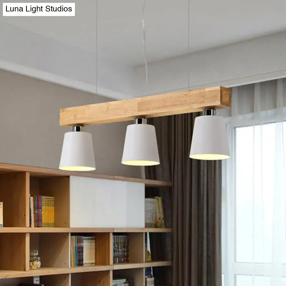 DecorBites™ Nordic modern wooden bar pendant light with three white metal lampshades for work rooms
