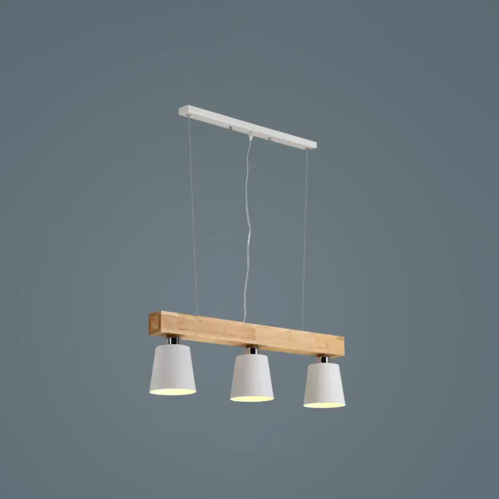 DecorBites Nordic modern wood island pendant with natural wood beam and three white metal lampshade shades