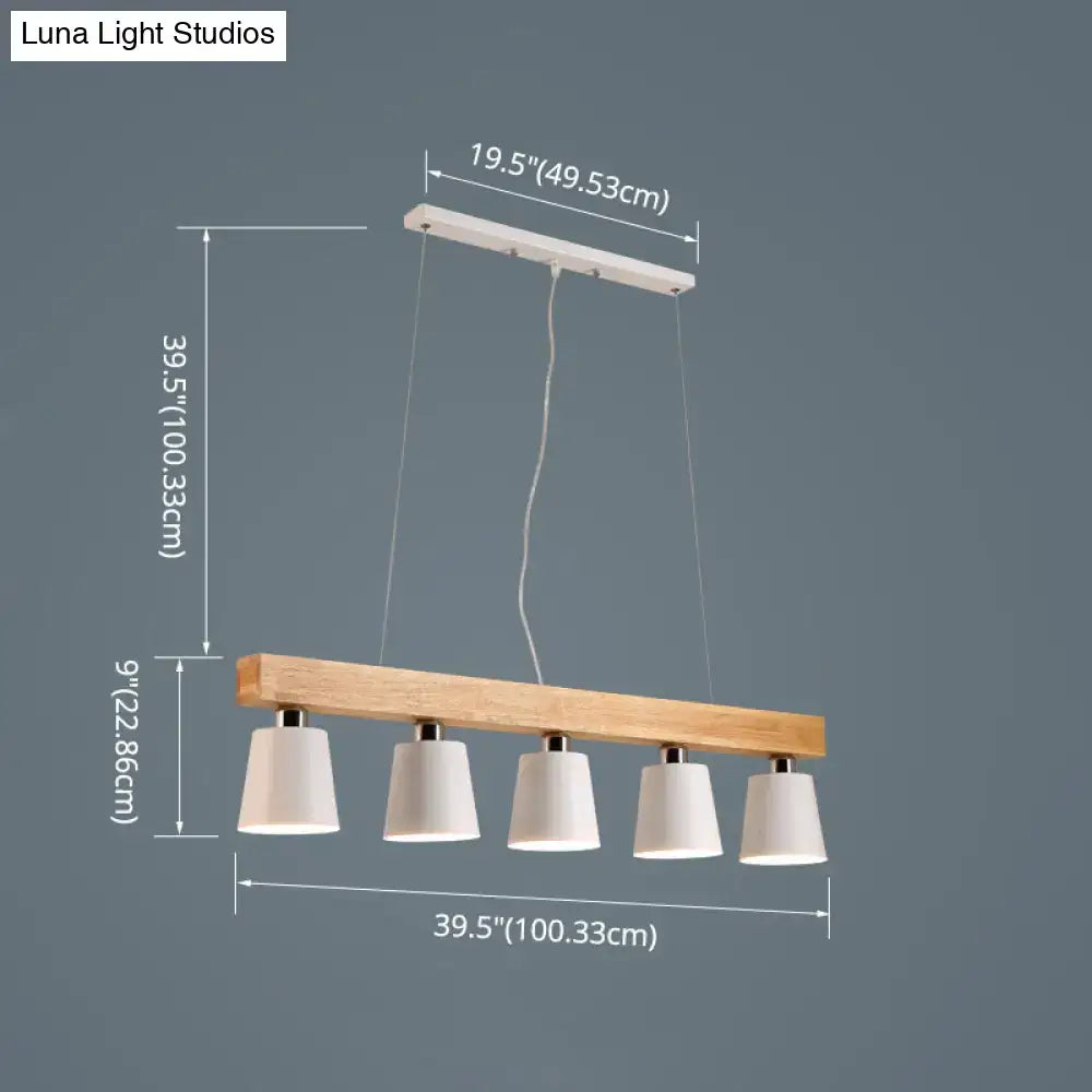 DecorBites™ Nordic modern wood island pendant with natural wood beam and white ceramic shades with metal lampshade