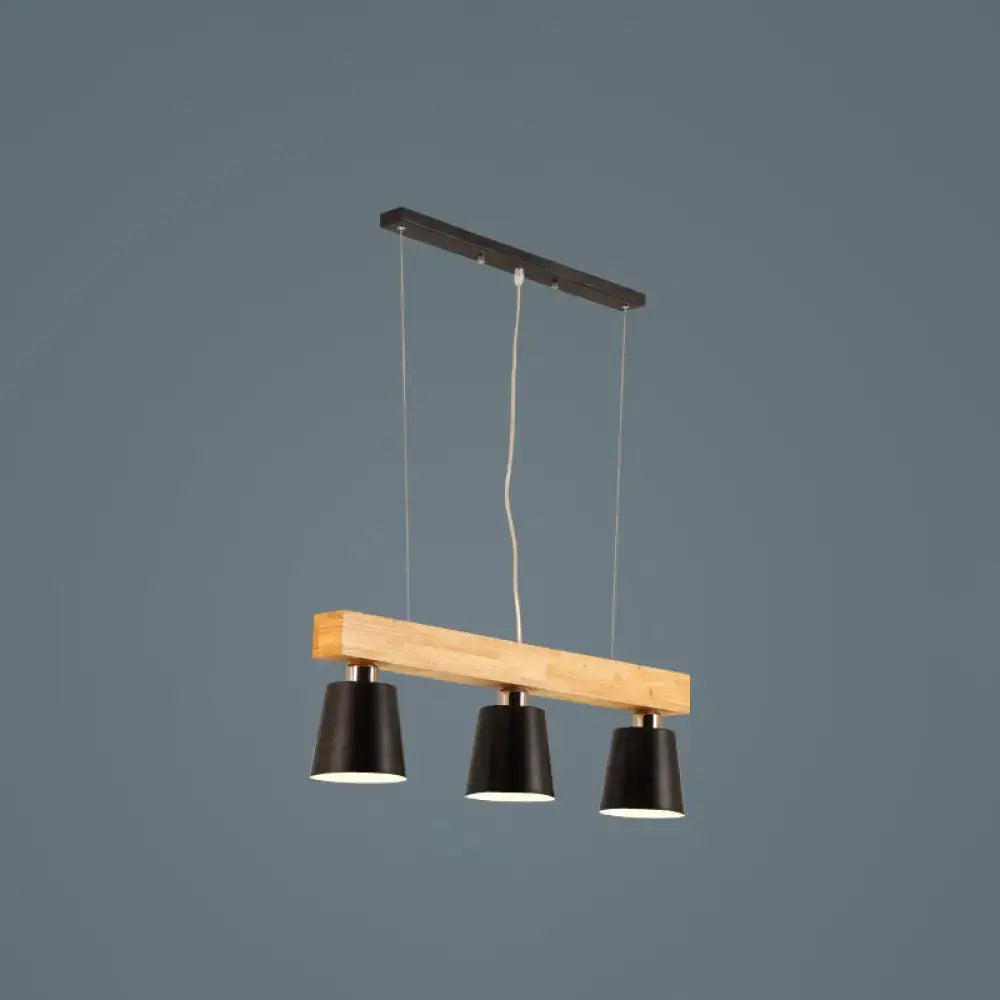 DecorBites Nordic modern wood island pendant with natural wood beam and three black metal lampshade shades