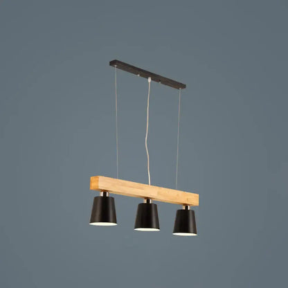 DecorBites Nordic modern wood island pendant with natural wood beam and three black metal lampshade shades