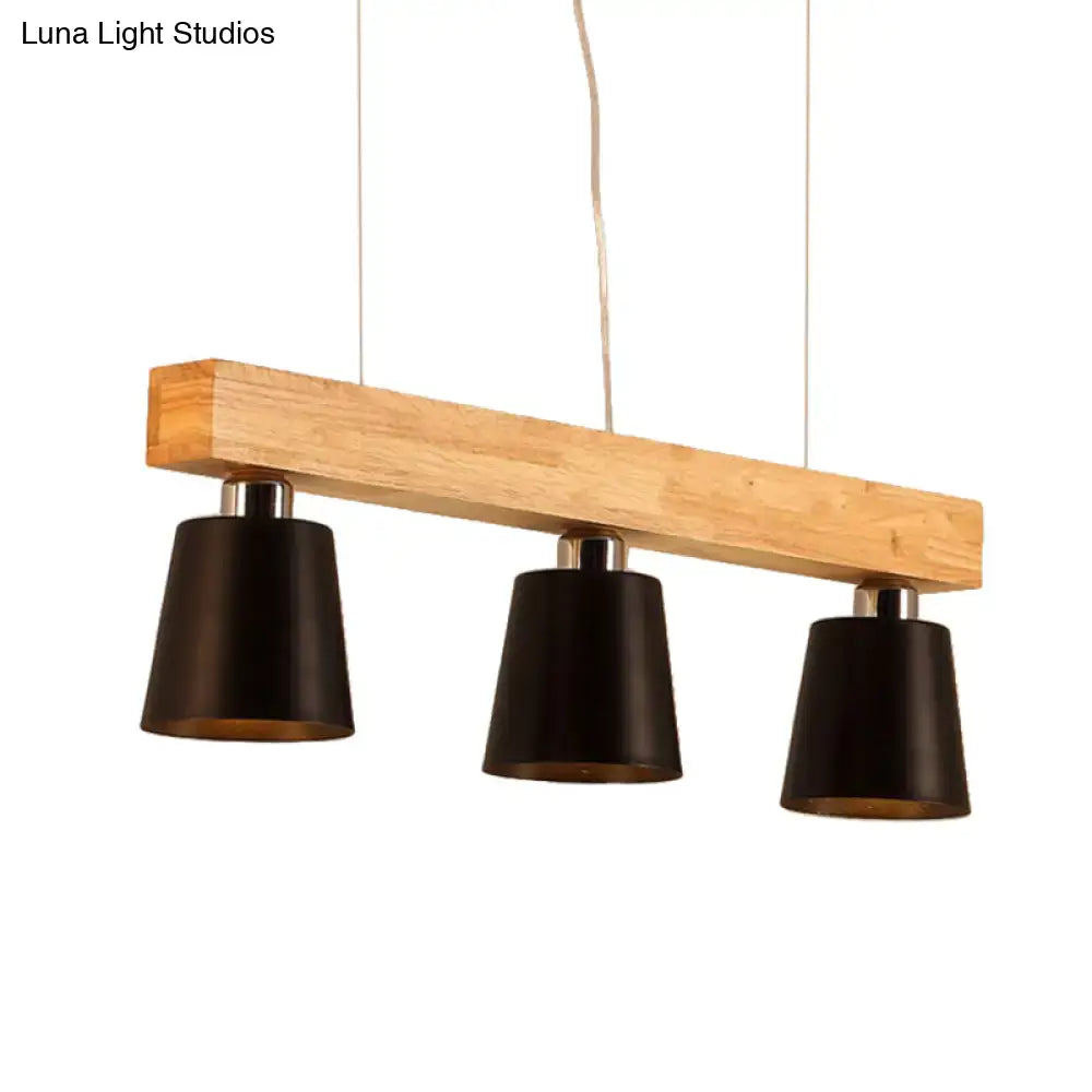 DecorBites™ nordic modern wood island pendant featuring a natural wood beam and three matte black metal lampshades