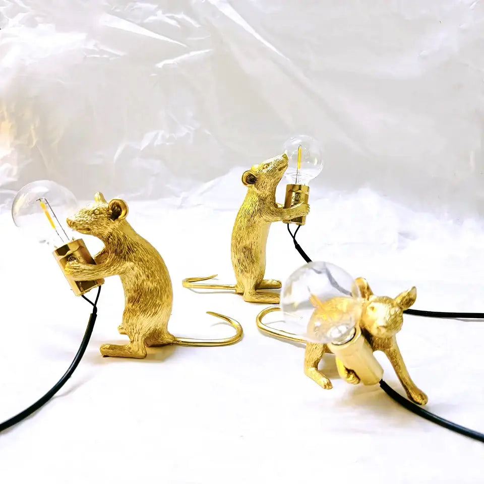 Decorbites™ nordic mouse led table lamp featuring golden mouse-shaped base with clear glass bulb and black cord