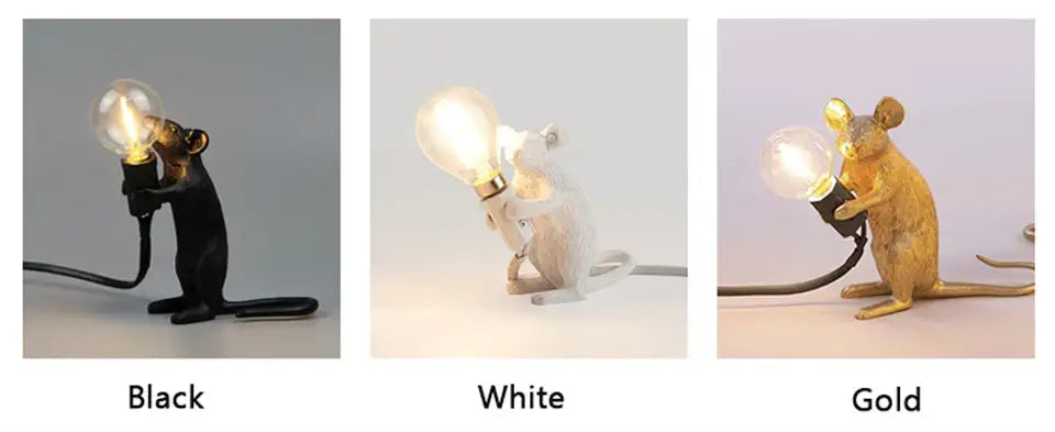 DecorBites Nordic mouse led table lamp in whimsical mouse shape available in black white or gold finish
