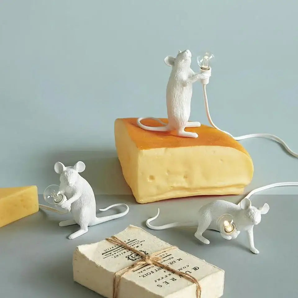 DecorBites™ nordic mouse led table lamp white ceramic with glowing bulb held on yellow cheese wedge base