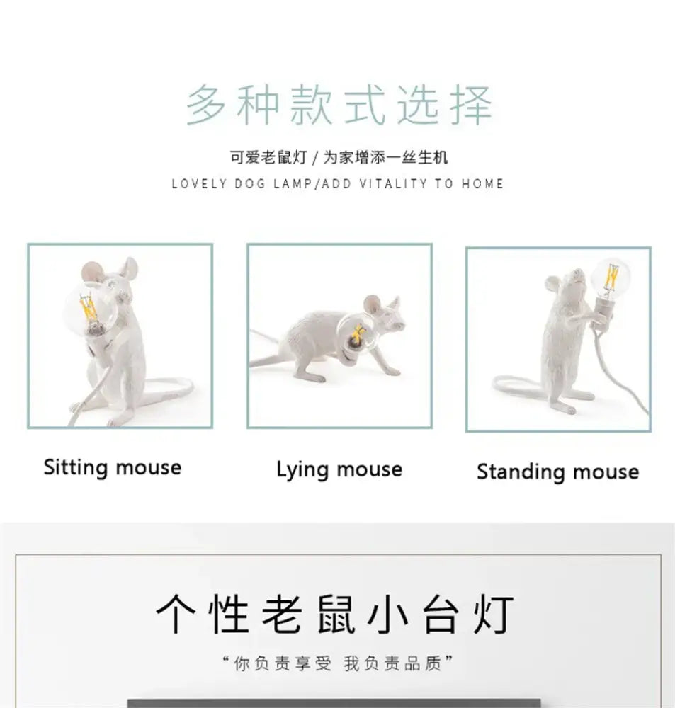 White ceramic nordic mouse led table lamp with clear glass bulb in sitting lying and standing poses by DecorBites™