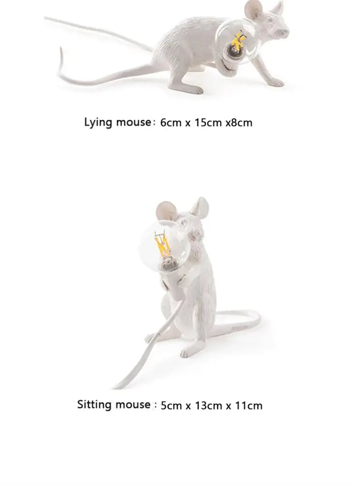 White ceramic nordic mouse led table lamp with clear glass globe and exposed filament bulb held in paws