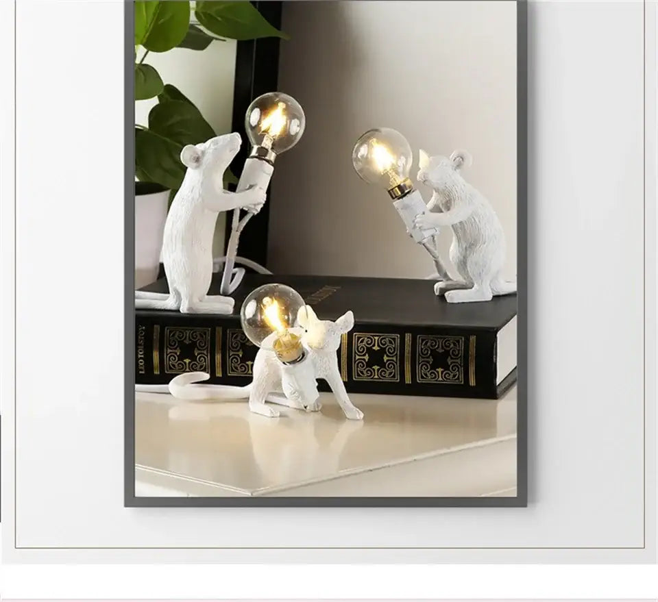 White resin nordic mouse led table lamp figurines holding illuminated light bulbs as decorative mouse led table lamps