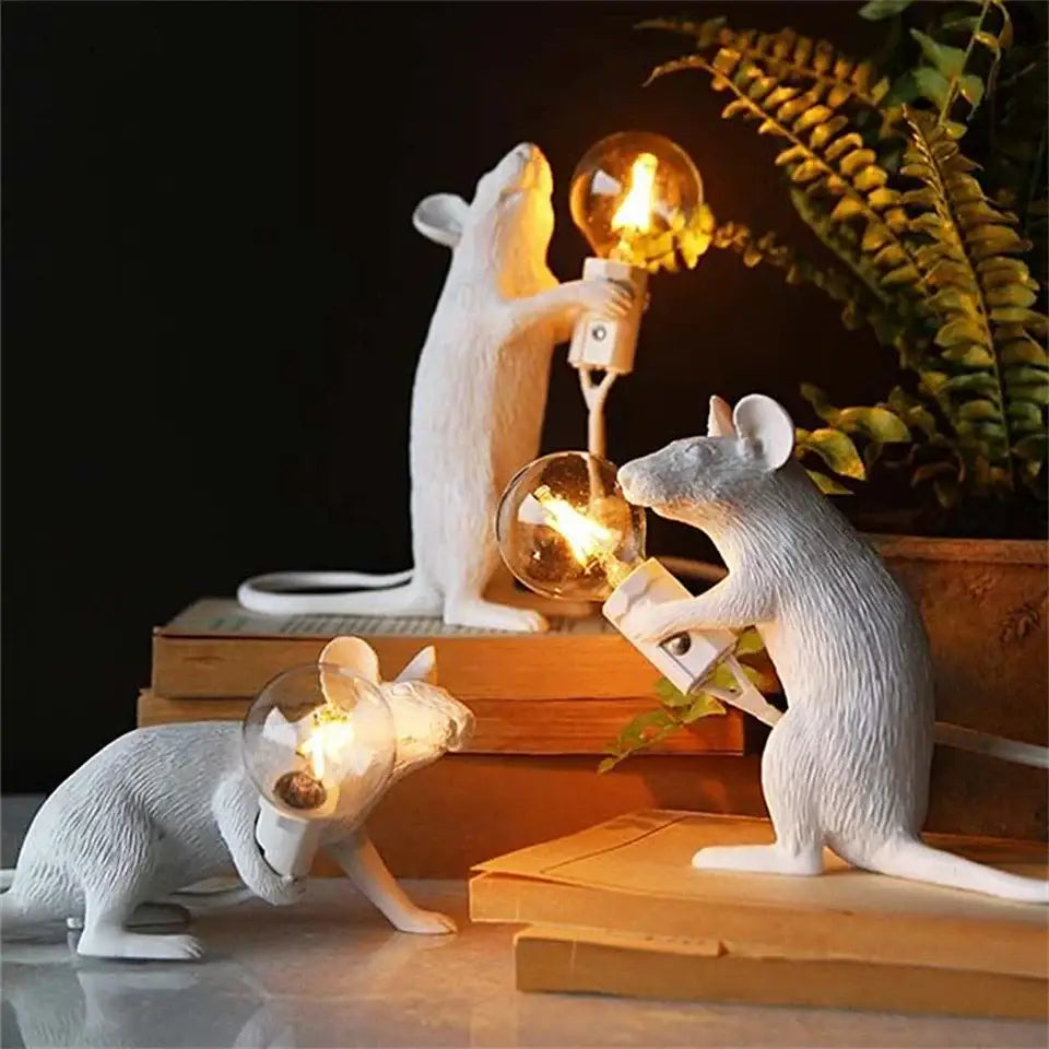 White resin nordic mouse led table lamp with exposed filament bulbs for decorative lighting