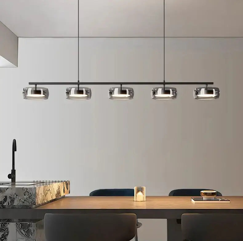 Modern minimalist DecorBites™ Nordic pendant lamp with five chrome glass shades in cold white and warm white for dining rooms