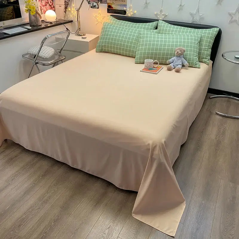 Beige satin cotton bedding set with smooth drape and tucked edges from DecorBites™ nordic plaid collection queen king