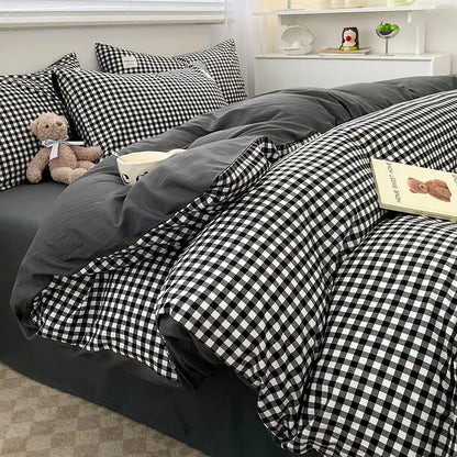 Decorbites nordic plaid black and white checkered cotton bedding set with soft plush texture queen king size