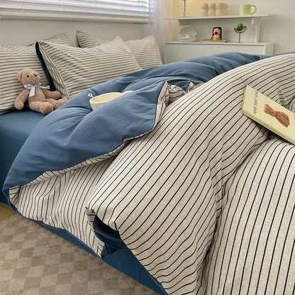 Decorbites nordic plaid cotton bedding set queen king with blue cream striped duvet and black vertical stripes