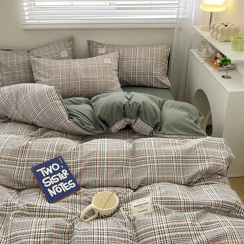 Decorbites™ nordic plaid cotton bedding set with soft cozy texture in muted beige brown and green tones queen king
