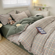 DecorBites™ Nordic plaid cotton bedding set queen king with soft muted green base and beige brown cream checkered pattern