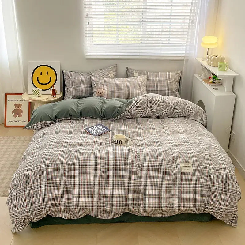 Plaid gray and white nordic plaid cotton bedding set with soft textured fabric finish for queen king beds