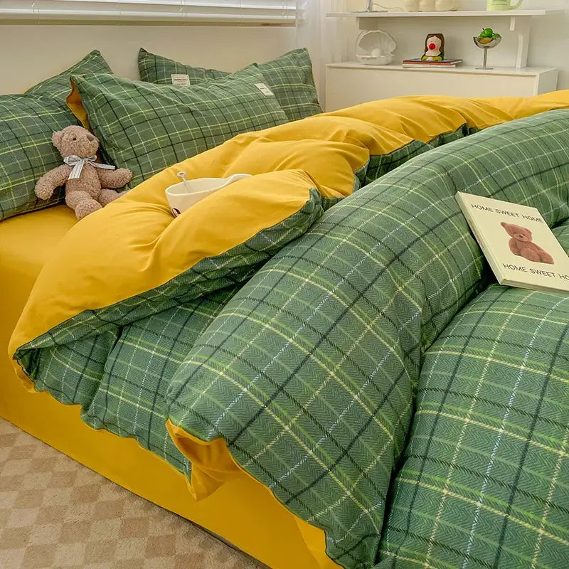 Green and yellow plaid nordic plaid cotton bedding set with a cozy layered look for queen or king beds
