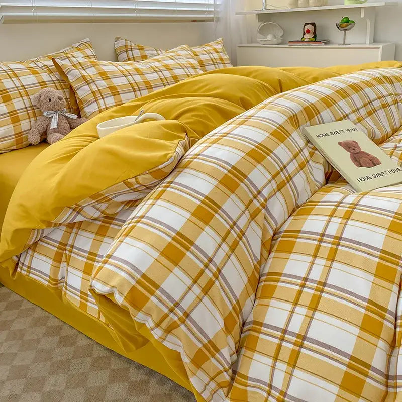 DecorBites™ nordic plaid cotton bedding set in yellow and white with soft cozy texture for queen and king beds