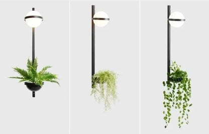 Modern black DecorBites™ nordic planter light sconce with spherical glass shade and integrated hanging plant holder