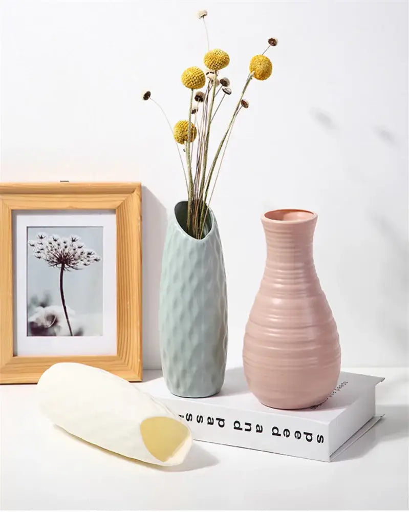 Decorbites™ nordic plastic vase in light green with textured diamond pattern holds dried yellow flowers for modern decor