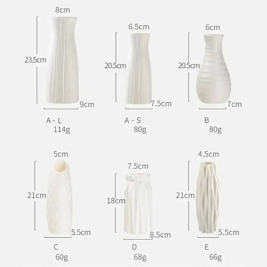 Six white ceramic vases with varied textures and sizes complement the decorbites nordic plastic vase for modern home decor