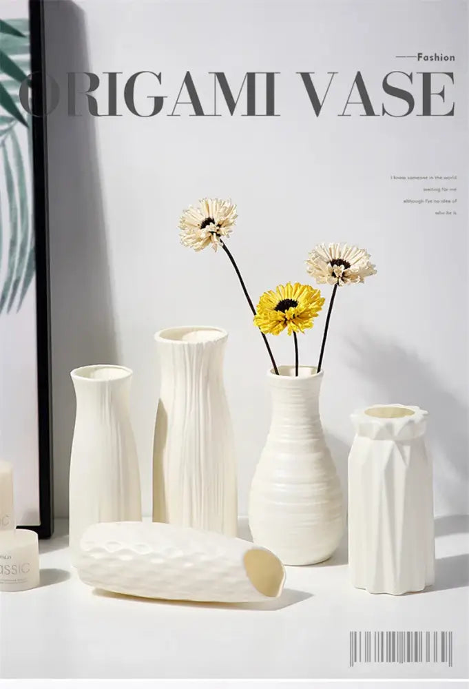 White origami-style ceramic vases with textured geometric designs for modern decor by decorbites nordic plastic vase